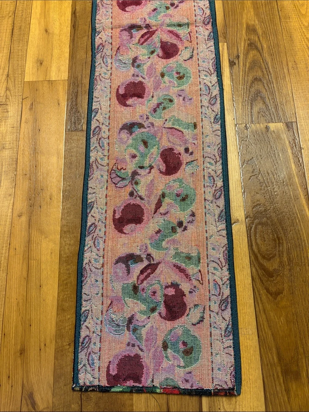 Vintage Tapestry Table Black Runner with Red and Green Apple Motif 64x12.5 EUC